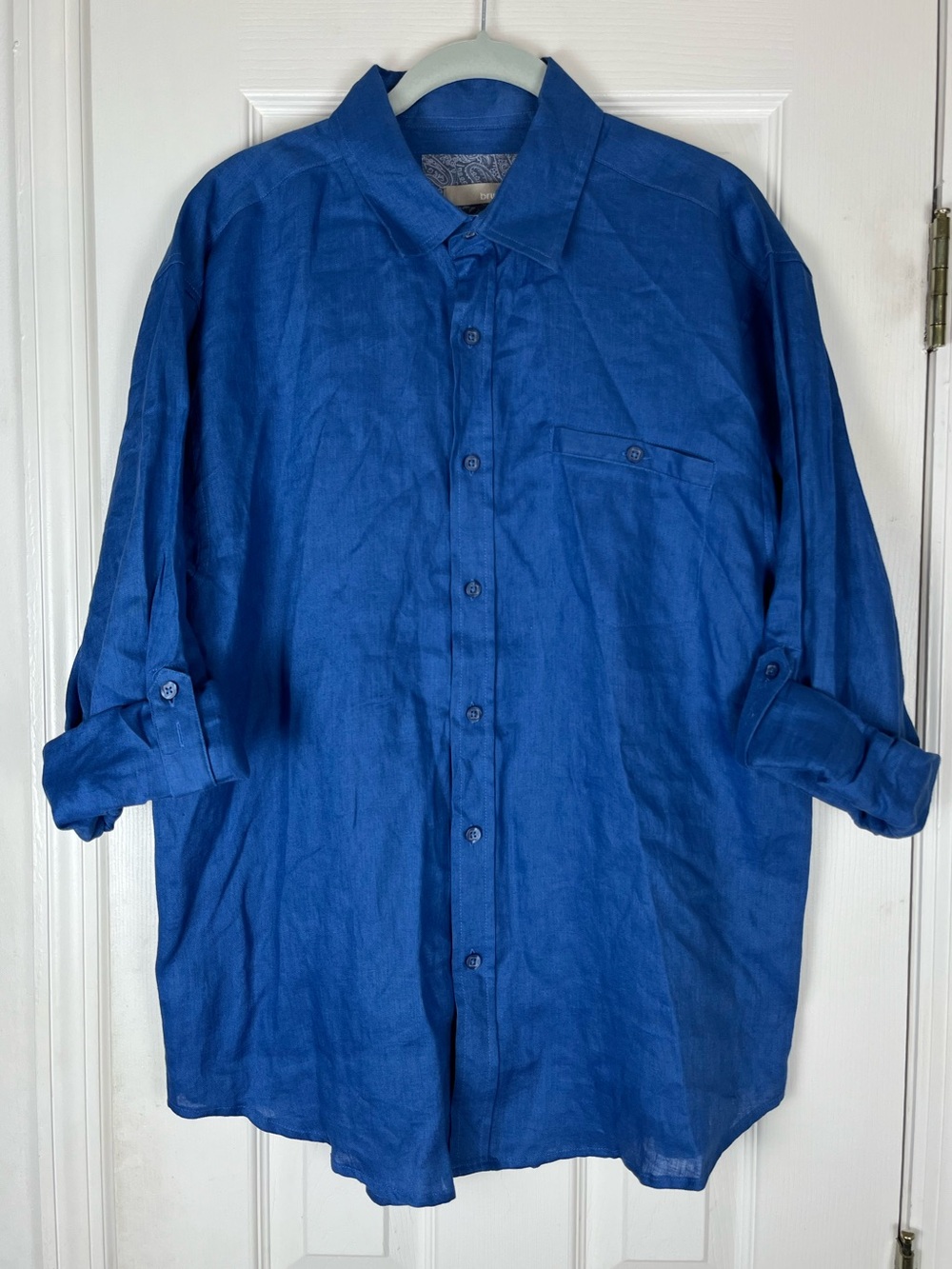 Bruno 100% Linen Blue Button Up Shirt Men’s L Roll Tab Sleeve